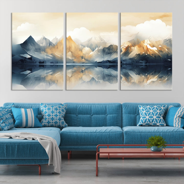 A triptych from the "Watercolor Abstract Mountain Wall Art" collection decorates the wall. This museum-quality canvas enhances any room with elegance, providing an artistic touch and free shipping.