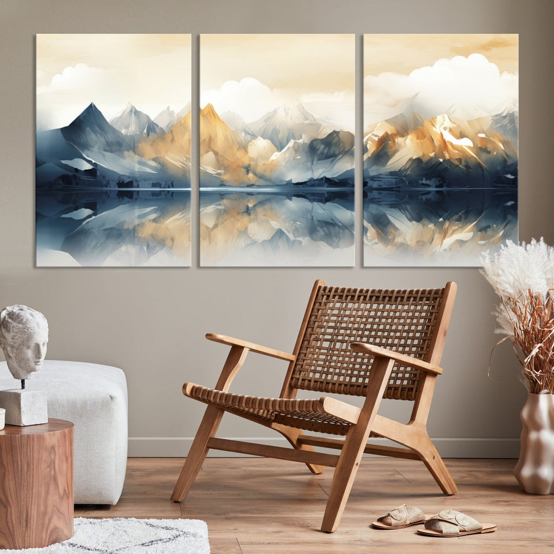 A triptych from the "Watercolor Abstract Mountain Wall Art" collection decorates the wall. This museum-quality canvas enhances any room with elegance, providing an artistic touch and free shipping.