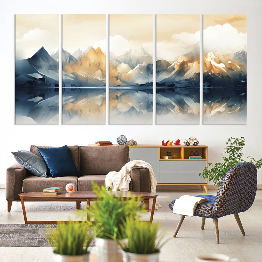 A triptych from the "Watercolor Abstract Mountain Wall Art" collection decorates the wall. This museum-quality canvas enhances any room with elegance, providing an artistic touch and free shipping.