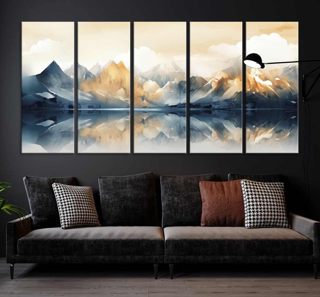 A triptych from the "Watercolor Abstract Mountain Wall Art" collection decorates the wall. This museum-quality canvas enhances any room with elegance, providing an artistic touch and free shipping.