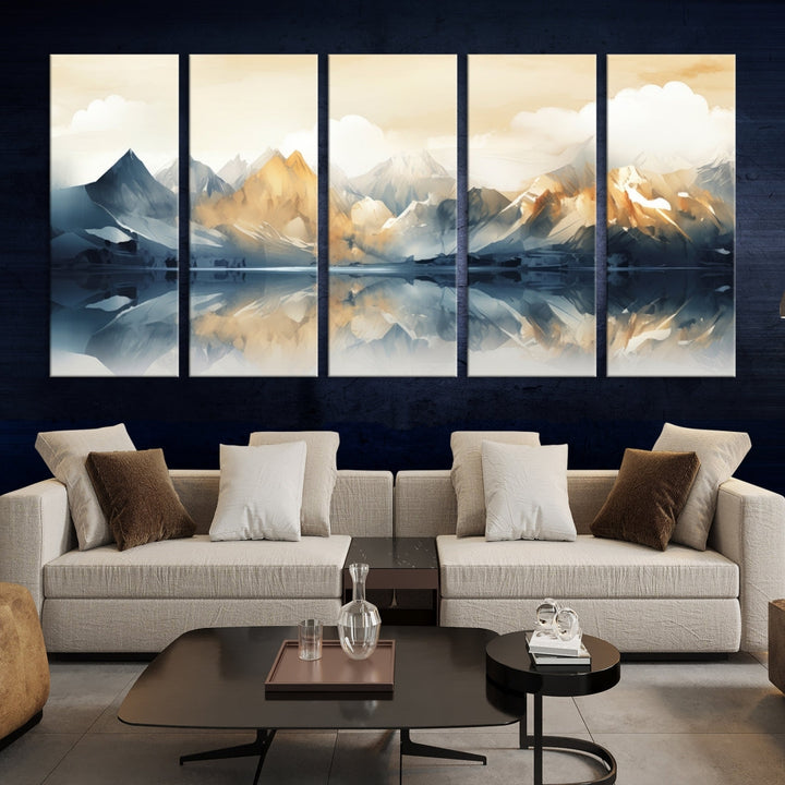 A triptych from the "Watercolor Abstract Mountain Wall Art" collection decorates the wall. This museum-quality canvas enhances any room with elegance, providing an artistic touch and free shipping.