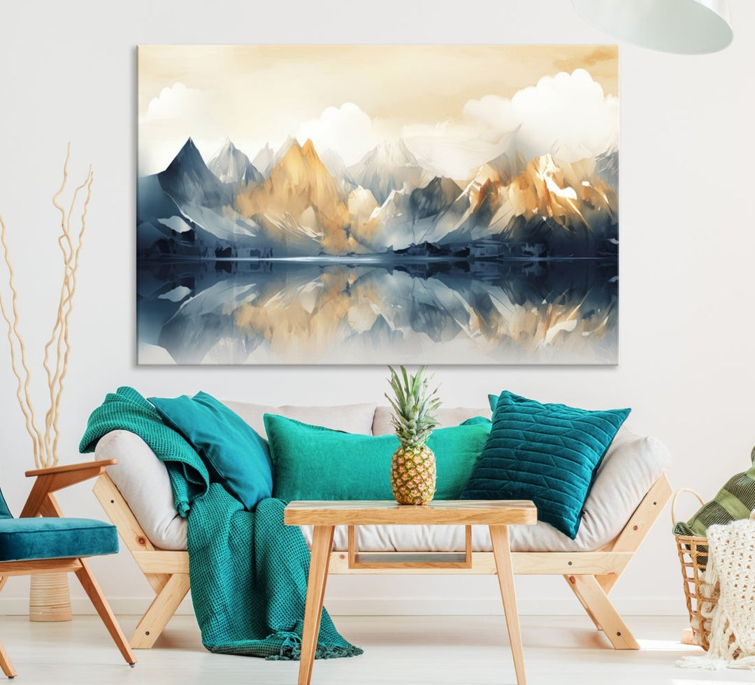 A triptych from the "Watercolor Abstract Mountain Wall Art" collection decorates the wall. This museum-quality canvas enhances any room with elegance, providing an artistic touch and free shipping.