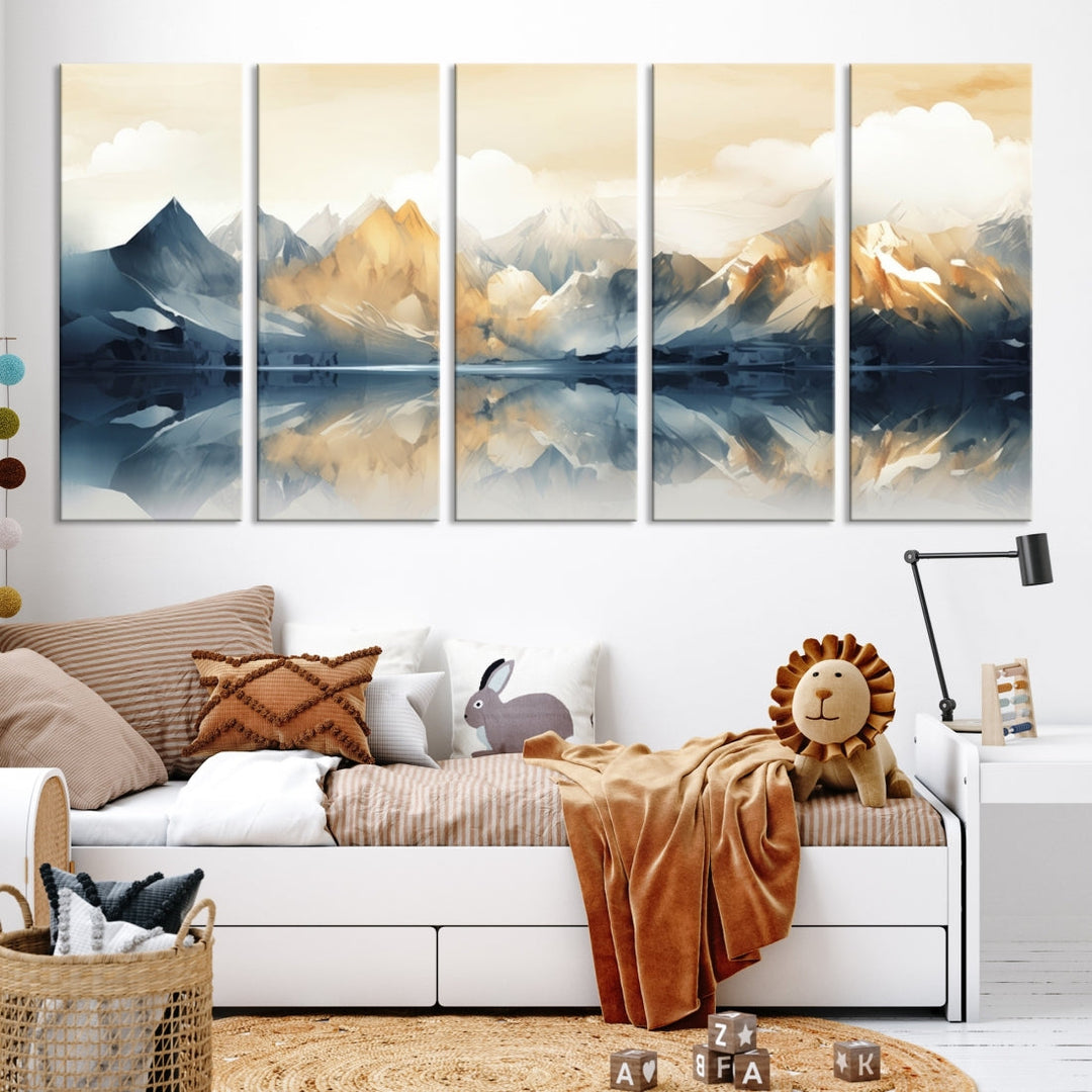 A triptych from the "Watercolor Abstract Mountain Wall Art" collection decorates the wall. This museum-quality canvas enhances any room with elegance, providing an artistic touch and free shipping.