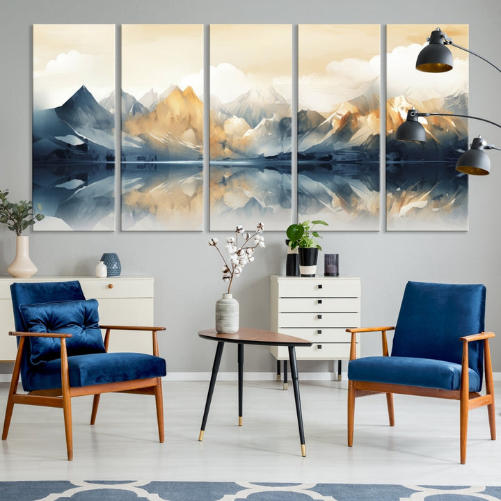 A triptych from the "Watercolor Abstract Mountain Wall Art" collection decorates the wall. This museum-quality canvas enhances any room with elegance, providing an artistic touch and free shipping.