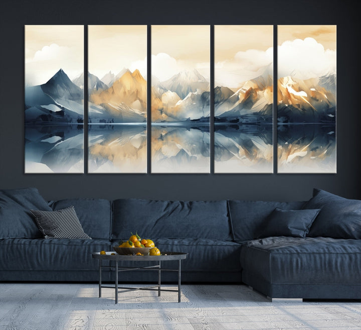 A triptych from the "Watercolor Abstract Mountain Wall Art" collection decorates the wall. This museum-quality canvas enhances any room with elegance, providing an artistic touch and free shipping.