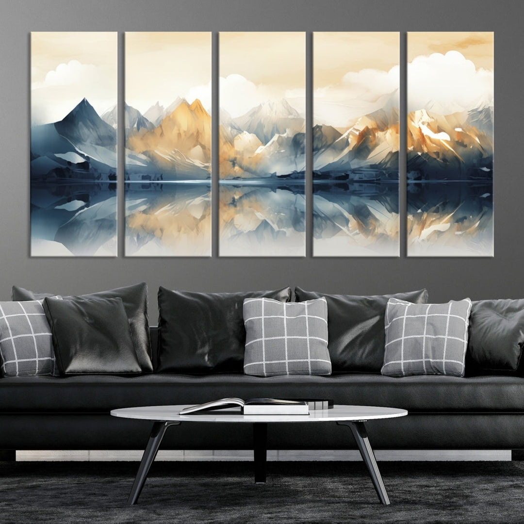 A triptych from the "Watercolor Abstract Mountain Wall Art" collection decorates the wall. This museum-quality canvas enhances any room with elegance, providing an artistic touch and free shipping.