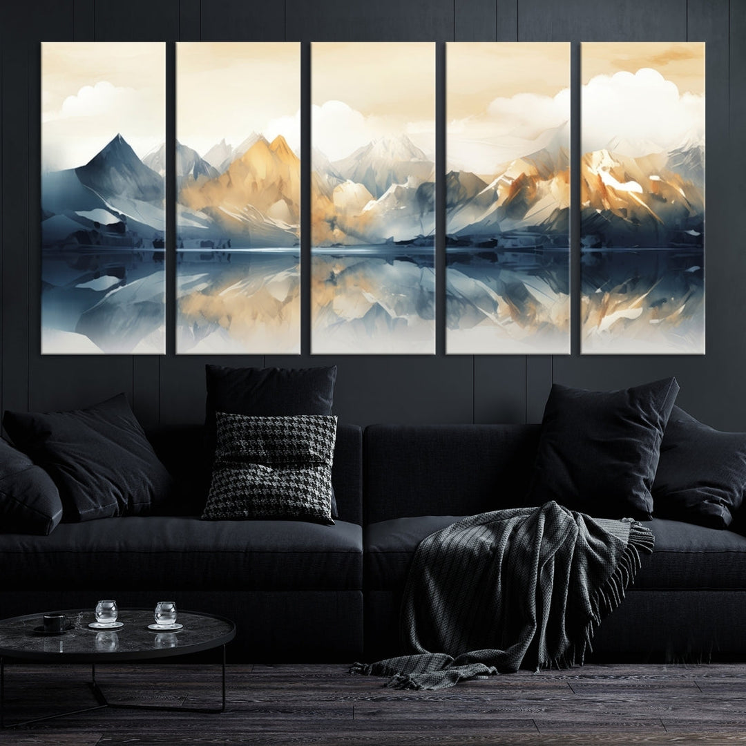 A triptych from the "Watercolor Abstract Mountain Wall Art" collection decorates the wall. This museum-quality canvas enhances any room with elegance, providing an artistic touch and free shipping.