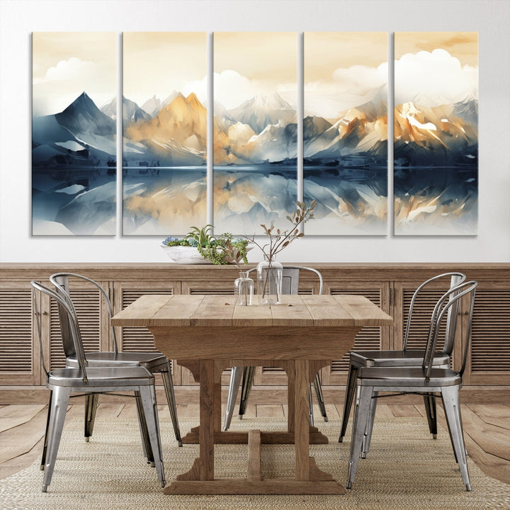 A triptych from the "Watercolor Abstract Mountain Wall Art" collection decorates the wall. This museum-quality canvas enhances any room with elegance, providing an artistic touch and free shipping.