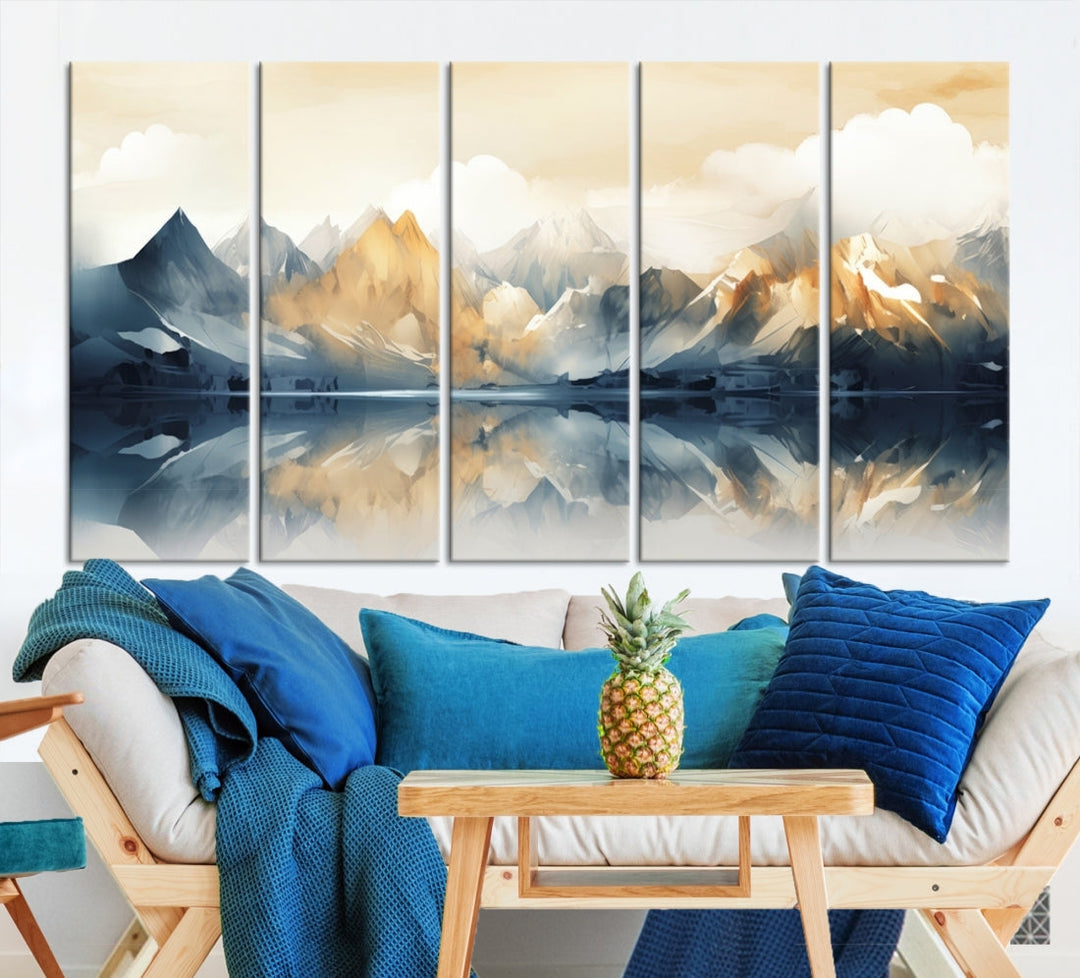 A triptych from the "Watercolor Abstract Mountain Wall Art" collection decorates the wall. This museum-quality canvas enhances any room with elegance, providing an artistic touch and free shipping.