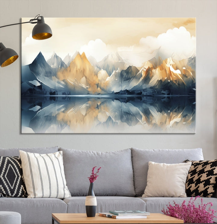 A triptych from the "Watercolor Abstract Mountain Wall Art" collection decorates the wall. This museum-quality canvas enhances any room with elegance, providing an artistic touch and free shipping.