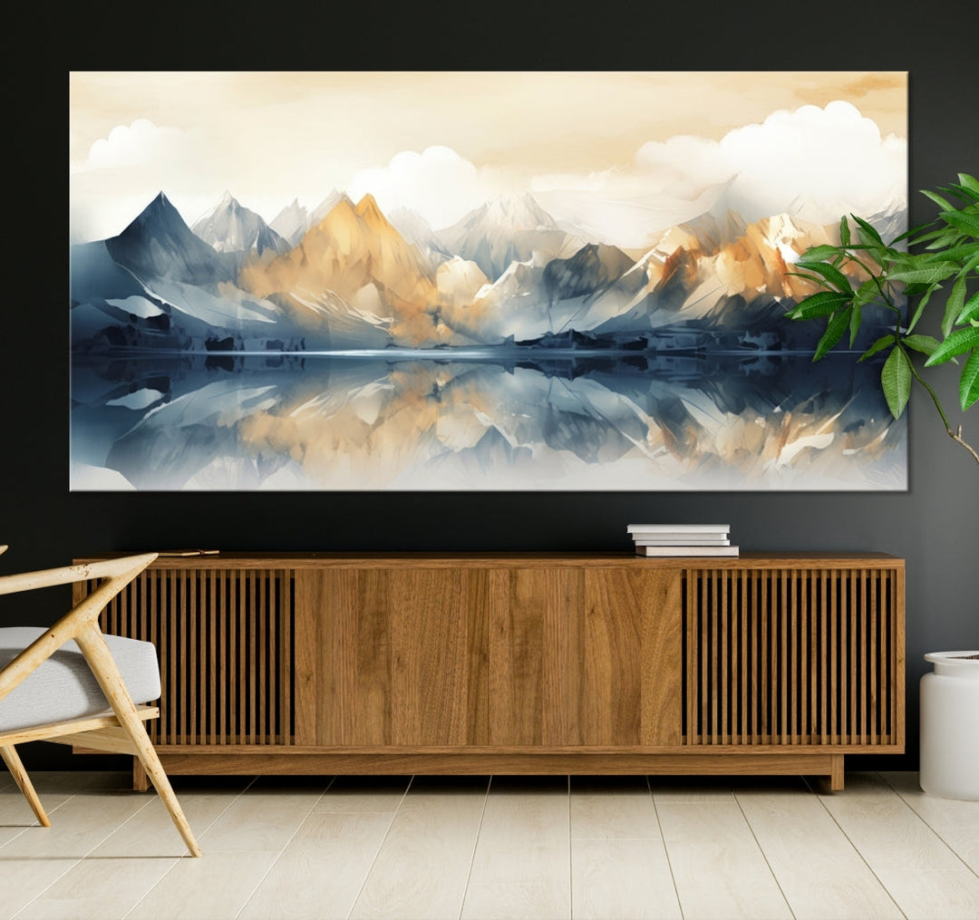 A triptych from the "Watercolor Abstract Mountain Wall Art" collection decorates the wall. This museum-quality canvas enhances any room with elegance, providing an artistic touch and free shipping.