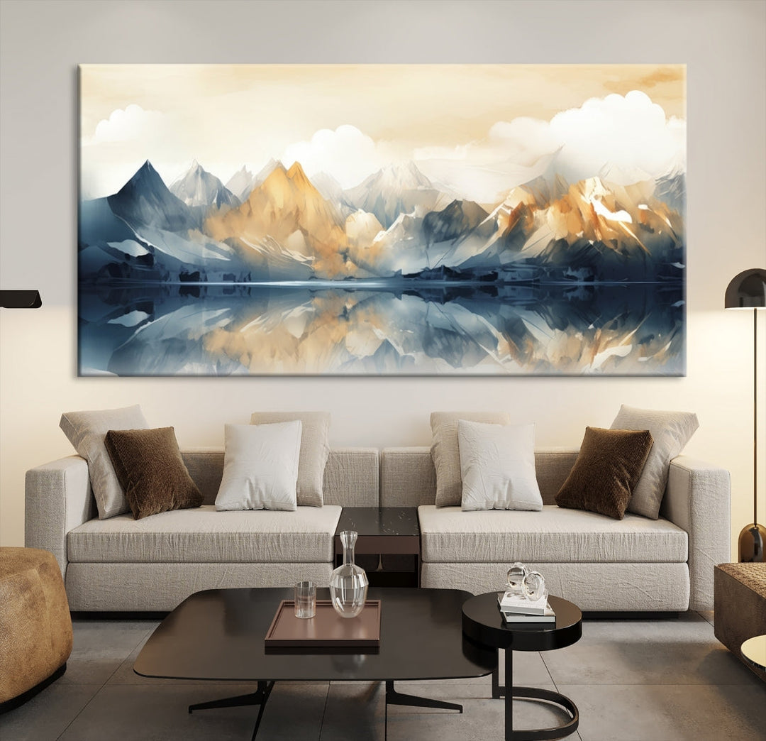 A triptych from the "Watercolor Abstract Mountain Wall Art" collection decorates the wall. This museum-quality canvas enhances any room with elegance, providing an artistic touch and free shipping.