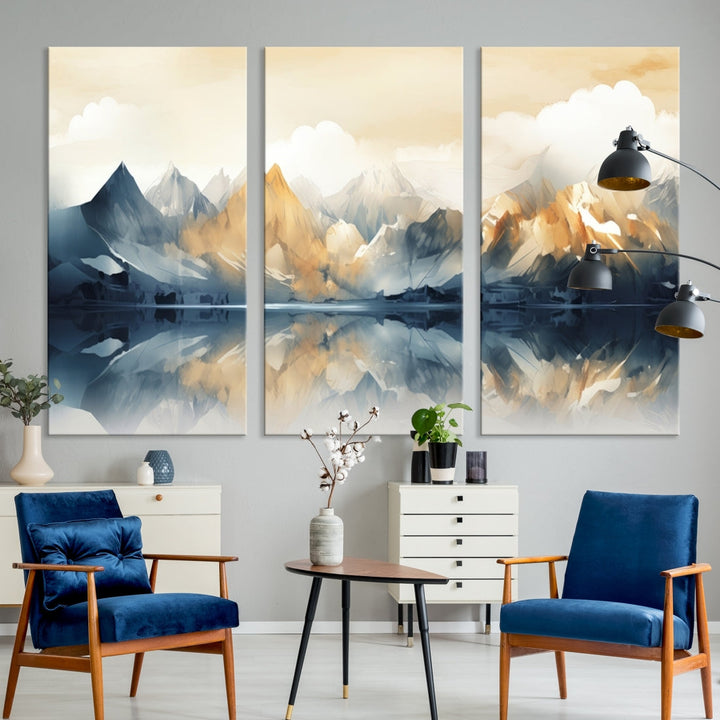 A triptych from the "Watercolor Abstract Mountain Wall Art" collection decorates the wall. This museum-quality canvas enhances any room with elegance, providing an artistic touch and free shipping.