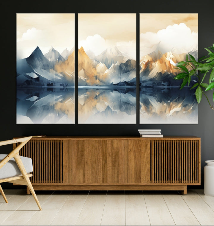 A triptych from the "Watercolor Abstract Mountain Wall Art" collection decorates the wall. This museum-quality canvas enhances any room with elegance, providing an artistic touch and free shipping.