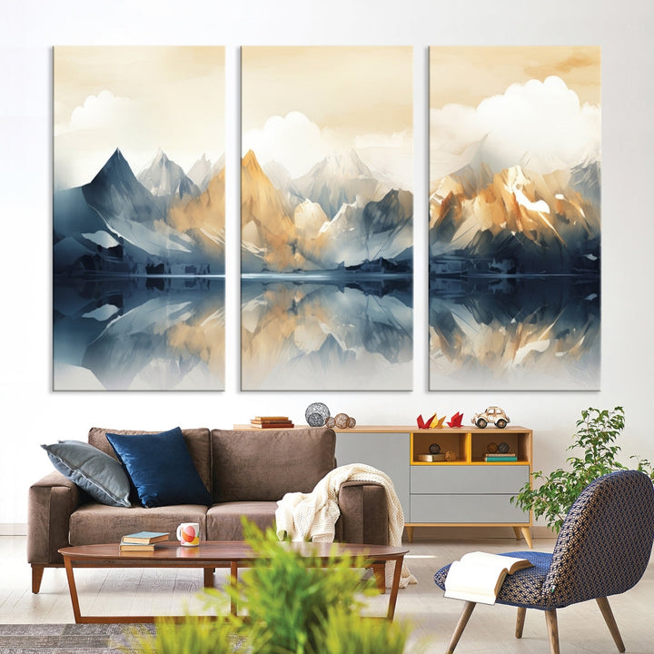 A triptych from the "Watercolor Abstract Mountain Wall Art" collection decorates the wall. This museum-quality canvas enhances any room with elegance, providing an artistic touch and free shipping.