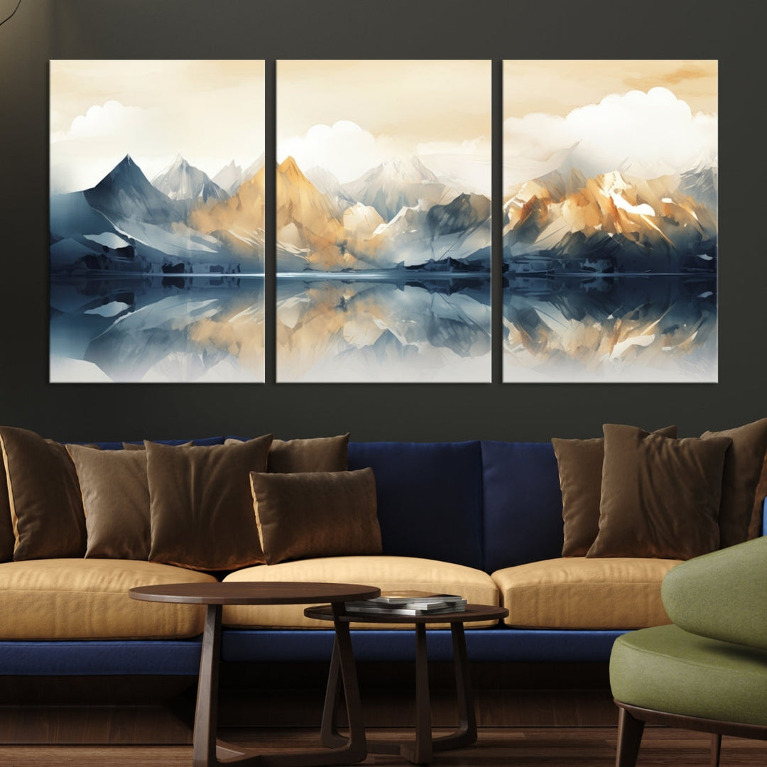 A triptych from the "Watercolor Abstract Mountain Wall Art" collection decorates the wall. This museum-quality canvas enhances any room with elegance, providing an artistic touch and free shipping.