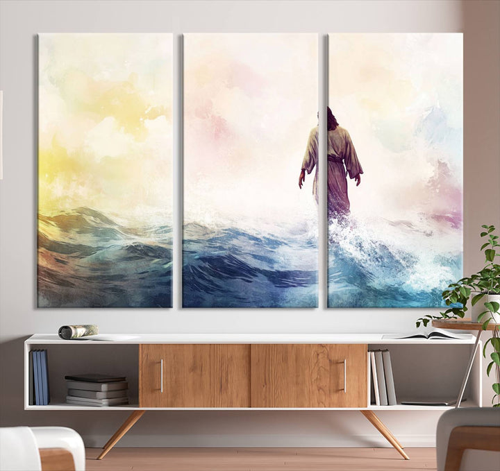 A beautiful Watercolor Jesus Walking on Water Canvas Print showcases Christian Wall Art of Jesus Christ, providing a peaceful backdrop perfect for religious home decor.