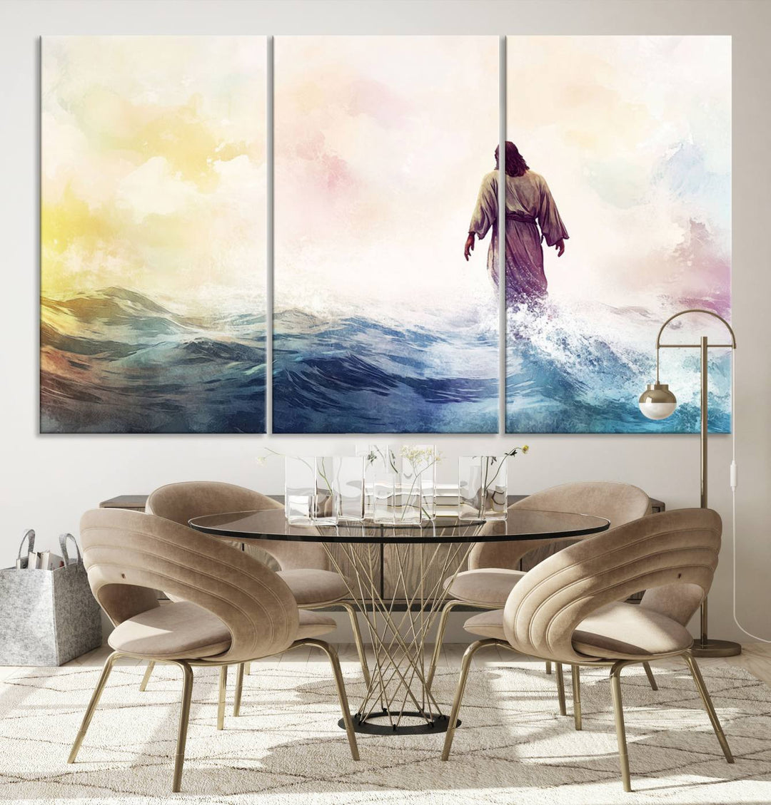 A beautiful Watercolor Jesus Walking on Water Canvas Print showcases Christian Wall Art of Jesus Christ, providing a peaceful backdrop perfect for religious home decor.