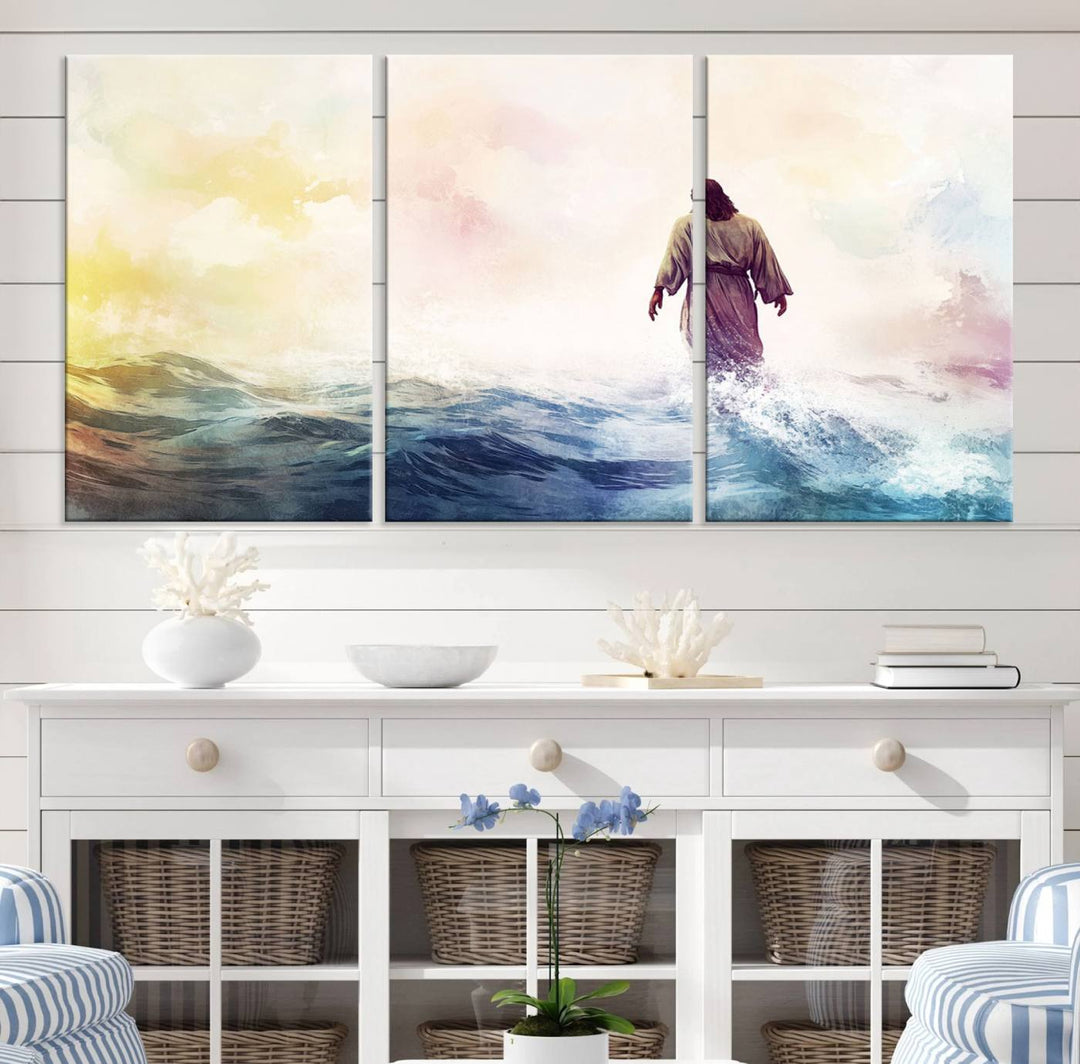 A beautiful Watercolor Jesus Walking on Water Canvas Print showcases Christian Wall Art of Jesus Christ, providing a peaceful backdrop perfect for religious home decor.