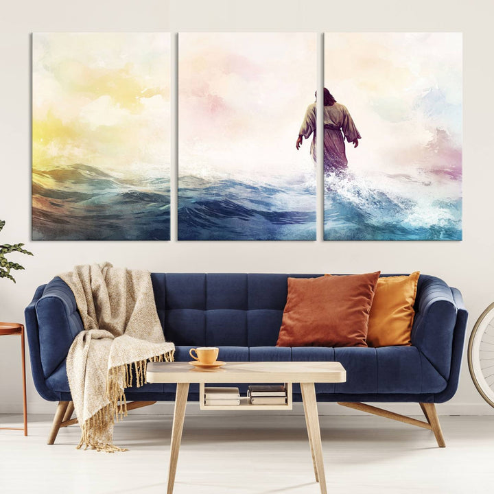 A beautiful Watercolor Jesus Walking on Water Canvas Print showcases Christian Wall Art of Jesus Christ, providing a peaceful backdrop perfect for religious home decor.