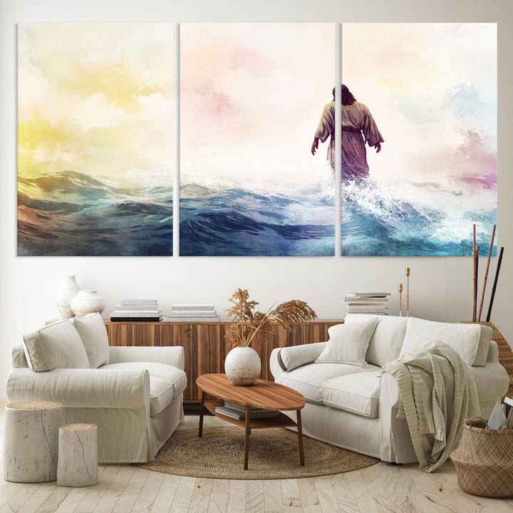 A beautiful Watercolor Jesus Walking on Water Canvas Print showcases Christian Wall Art of Jesus Christ, providing a peaceful backdrop perfect for religious home decor.