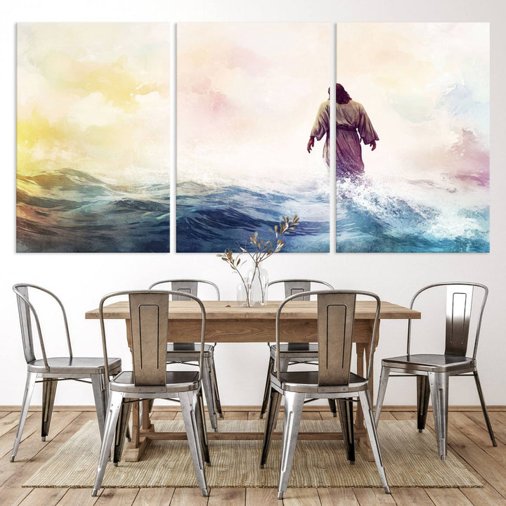 A beautiful Watercolor Jesus Walking on Water Canvas Print showcases Christian Wall Art of Jesus Christ, providing a peaceful backdrop perfect for religious home decor.