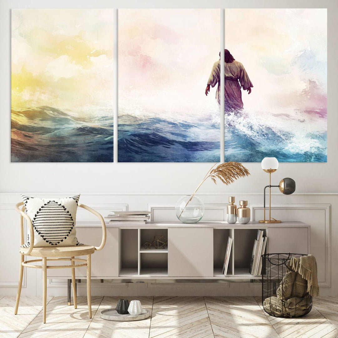 A beautiful Watercolor Jesus Walking on Water Canvas Print showcases Christian Wall Art of Jesus Christ, providing a peaceful backdrop perfect for religious home decor.