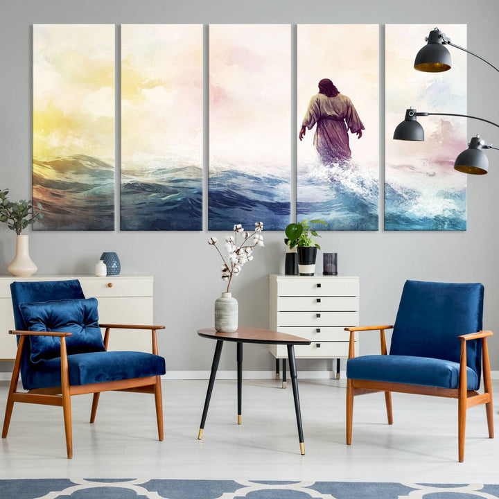 A beautiful Watercolor Jesus Walking on Water Canvas Print showcases Christian Wall Art of Jesus Christ, providing a peaceful backdrop perfect for religious home decor.