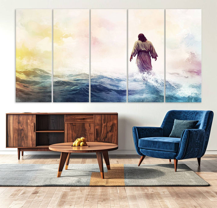 A beautiful Watercolor Jesus Walking on Water Canvas Print showcases Christian Wall Art of Jesus Christ, providing a peaceful backdrop perfect for religious home decor.