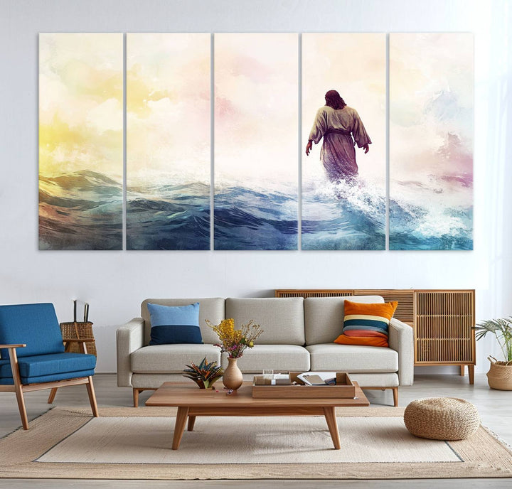 A beautiful Watercolor Jesus Walking on Water Canvas Print showcases Christian Wall Art of Jesus Christ, providing a peaceful backdrop perfect for religious home decor.