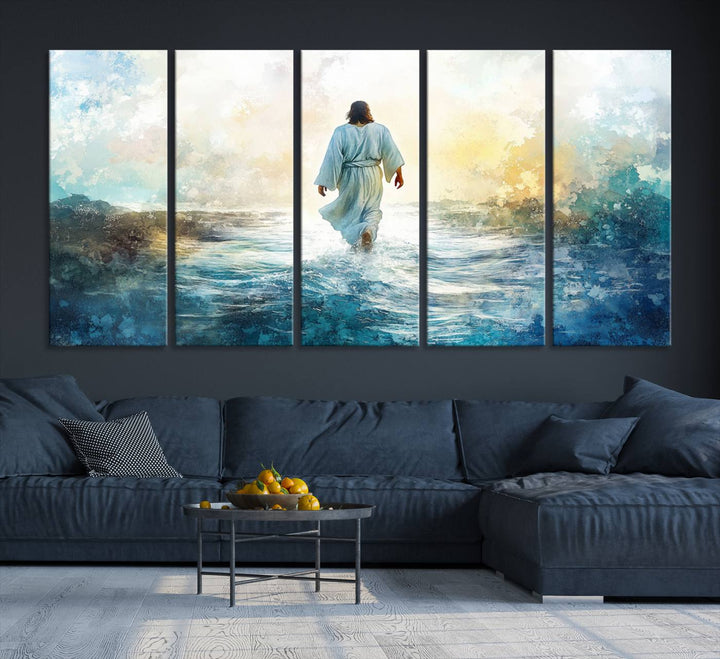 The Watercolor Jesus Walking on Water Canvas Print captures the essence of a figure in white gracefully walking across water against a vibrant sunrise. This Christian wall art piece adds an exquisite and serene touch to your living room.