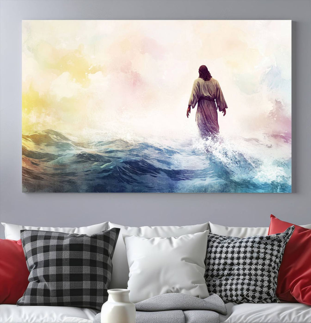 A beautiful Watercolor Jesus Walking on Water Canvas Print showcases Christian Wall Art of Jesus Christ, providing a peaceful backdrop perfect for religious home decor.