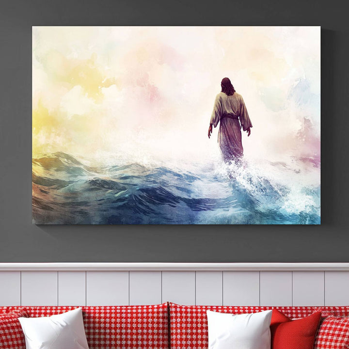 A beautiful Watercolor Jesus Walking on Water Canvas Print showcases Christian Wall Art of Jesus Christ, providing a peaceful backdrop perfect for religious home decor.