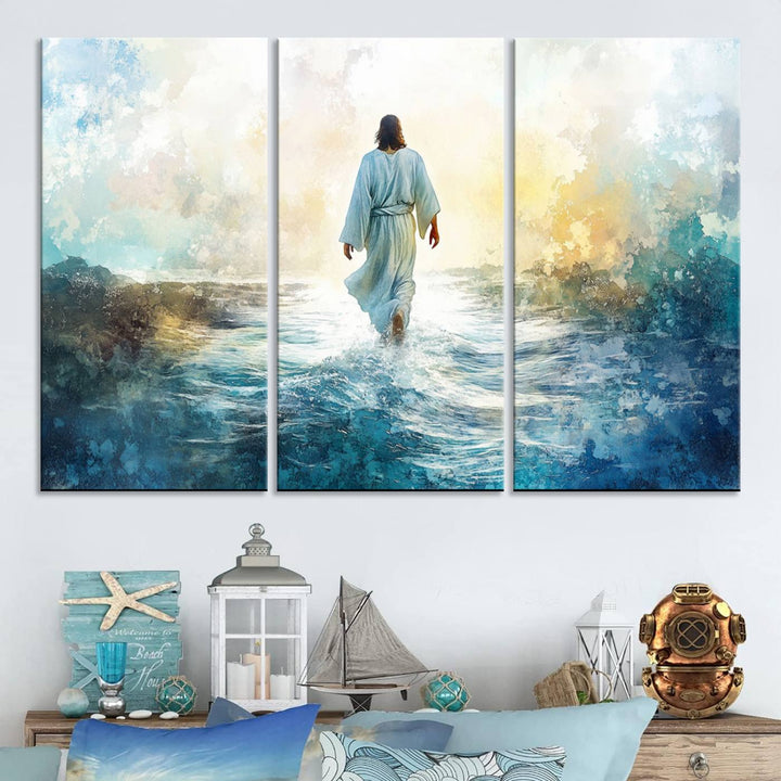 The Watercolor Jesus Walking on Water Canvas Print captures the essence of a figure in white gracefully walking across water against a vibrant sunrise. This Christian wall art piece adds an exquisite and serene touch to your living room.