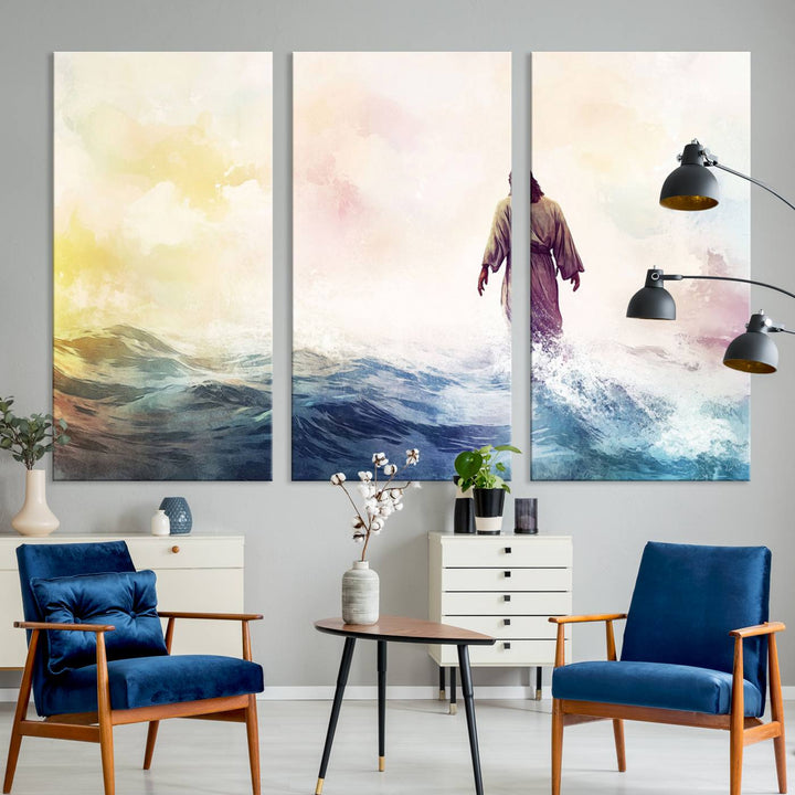 A beautiful Watercolor Jesus Walking on Water Canvas Print showcases Christian Wall Art of Jesus Christ, providing a peaceful backdrop perfect for religious home decor.