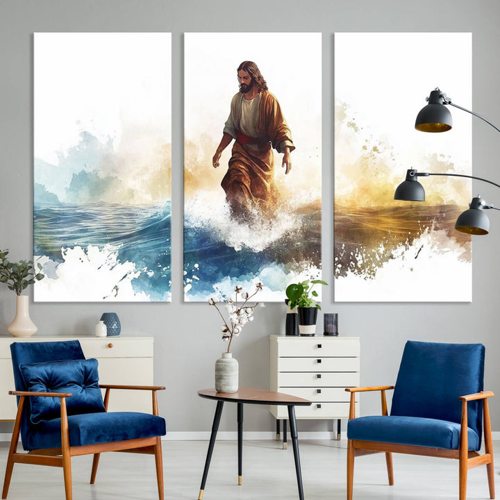 A three-panel Watercolor Jesus Walking canvas print is mounted on the wall.