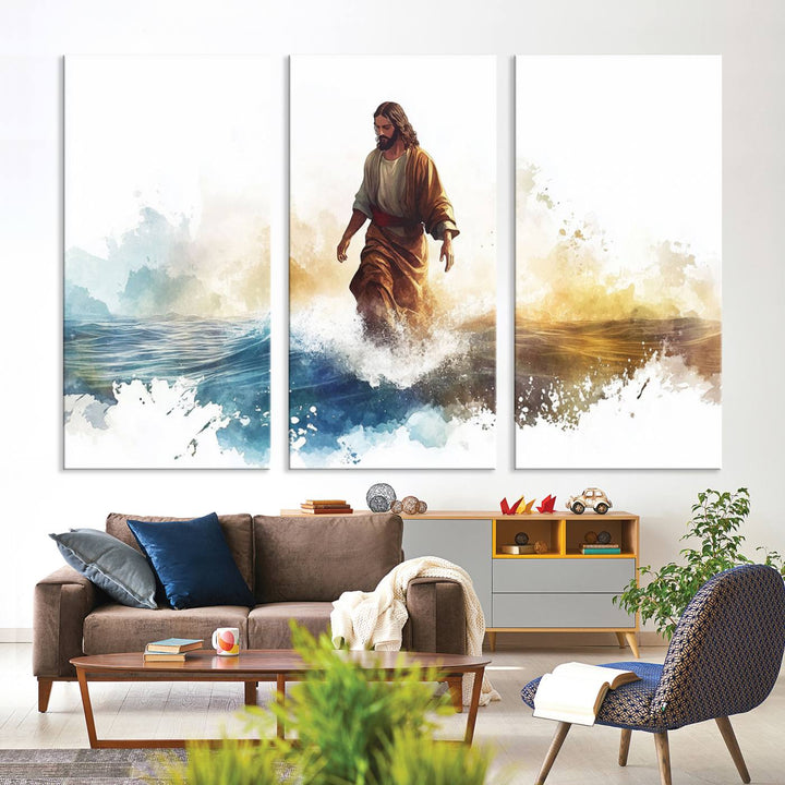 A three-panel Watercolor Jesus Walking canvas print is mounted on the wall.