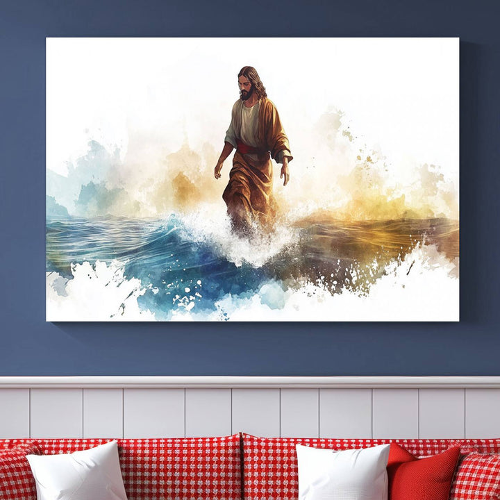 A three-panel Watercolor Jesus Walking canvas print is mounted on the wall.