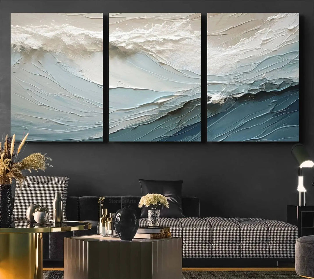 The Waves Abstract Wall Art Print, a captivating piece of modern framed abstract canvas, beautifully decorates the wall. This abstract painting is designed to enhance your living room decor and offers the convenience of being ready to hang.