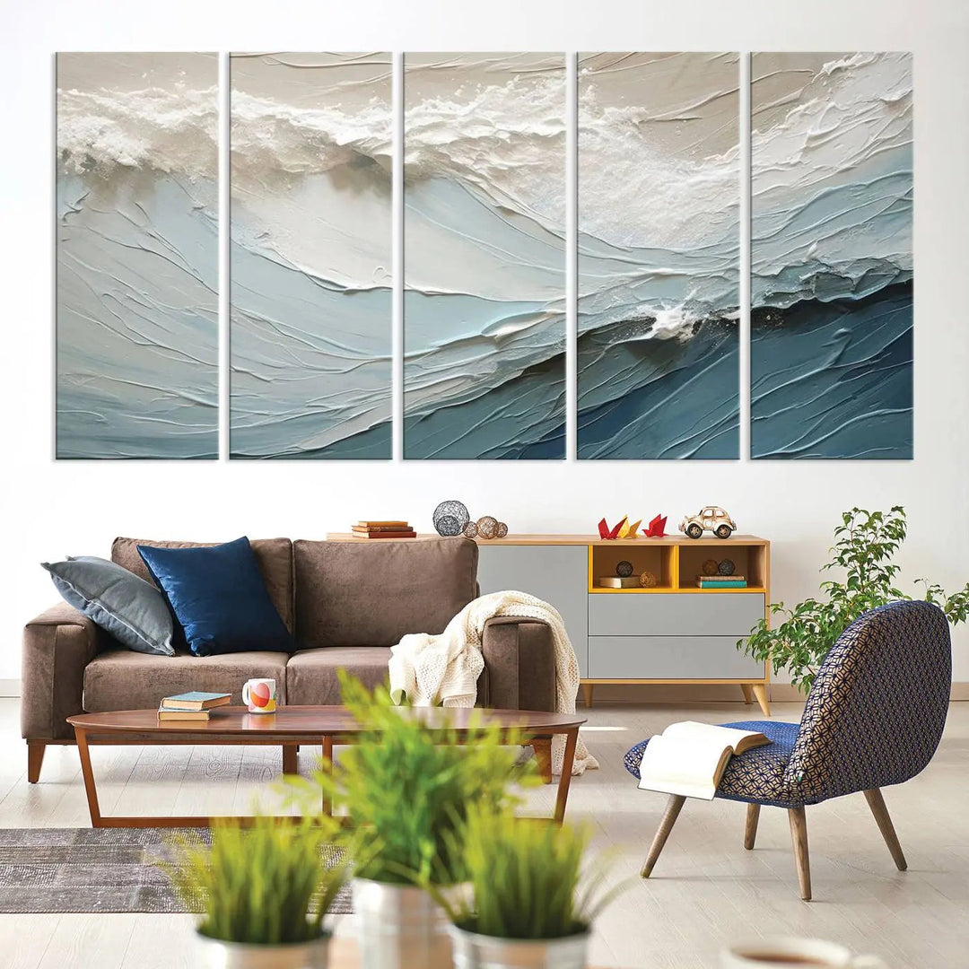 The Waves Abstract Wall Art Print, a captivating piece of modern framed abstract canvas, beautifully decorates the wall. This abstract painting is designed to enhance your living room decor and offers the convenience of being ready to hang.