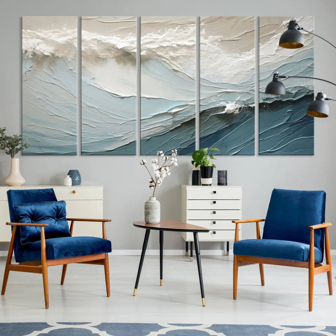 The Waves Abstract Wall Art Print, a captivating piece of modern framed abstract canvas, beautifully decorates the wall. This abstract painting is designed to enhance your living room decor and offers the convenience of being ready to hang.