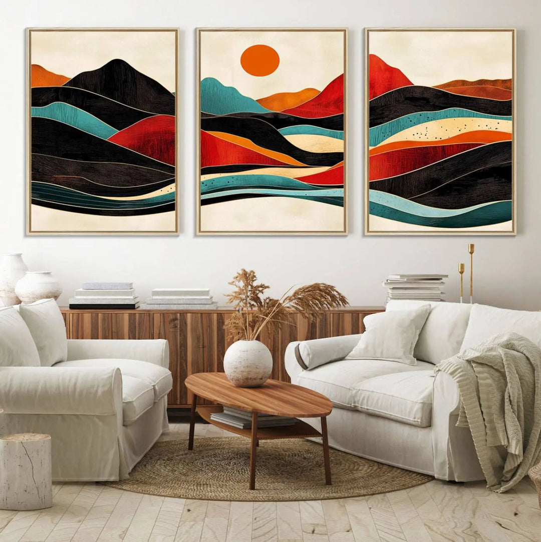 The Western Wall Decor, featuring a large triptych mountain canvas with boho woodland wall art print, beautifully enhances the dining area. Handmade in the USA, these framed Southwest nature prints add vibrancy and sophistication to your culinary space.