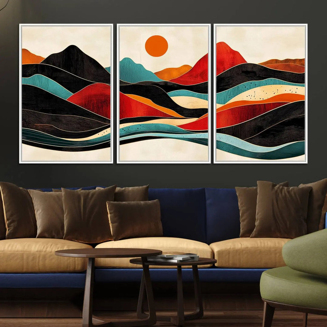 The Western Wall Decor, featuring a large triptych mountain canvas with boho woodland wall art print, beautifully enhances the dining area. Handmade in the USA, these framed Southwest nature prints add vibrancy and sophistication to your culinary space.