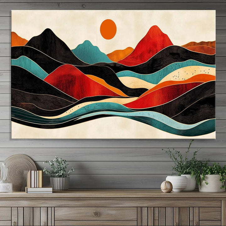 The Western Wall Decor, featuring a large triptych mountain canvas with boho woodland wall art print, beautifully enhances the dining area. Handmade in the USA, these framed Southwest nature prints add vibrancy and sophistication to your culinary space.