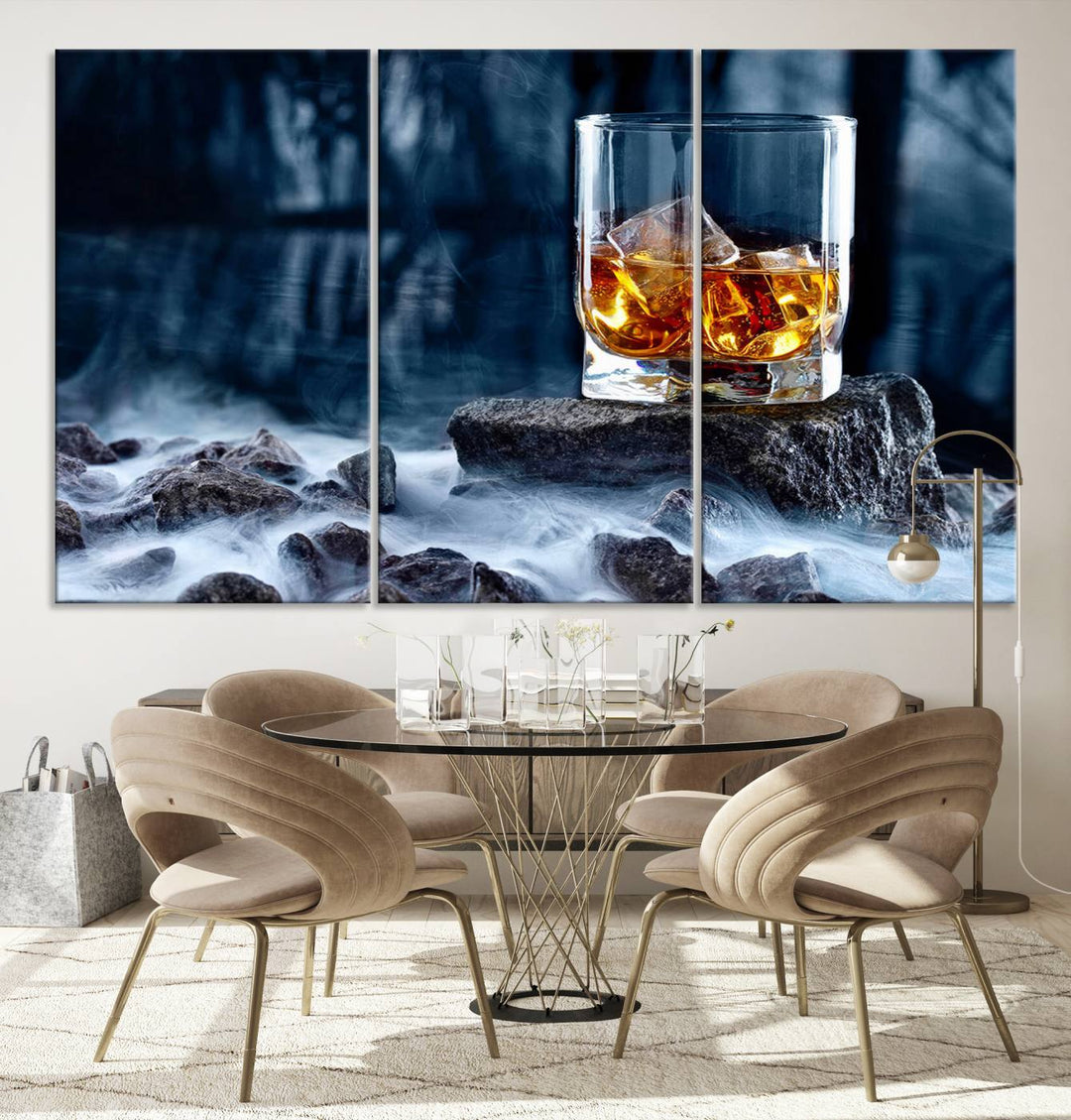 The Whiskey Ice Wall Art Canvas Print, a triptych featuring a glass of whiskey on the rocks, is crafted with a gallery-quality finish on premium canvas.