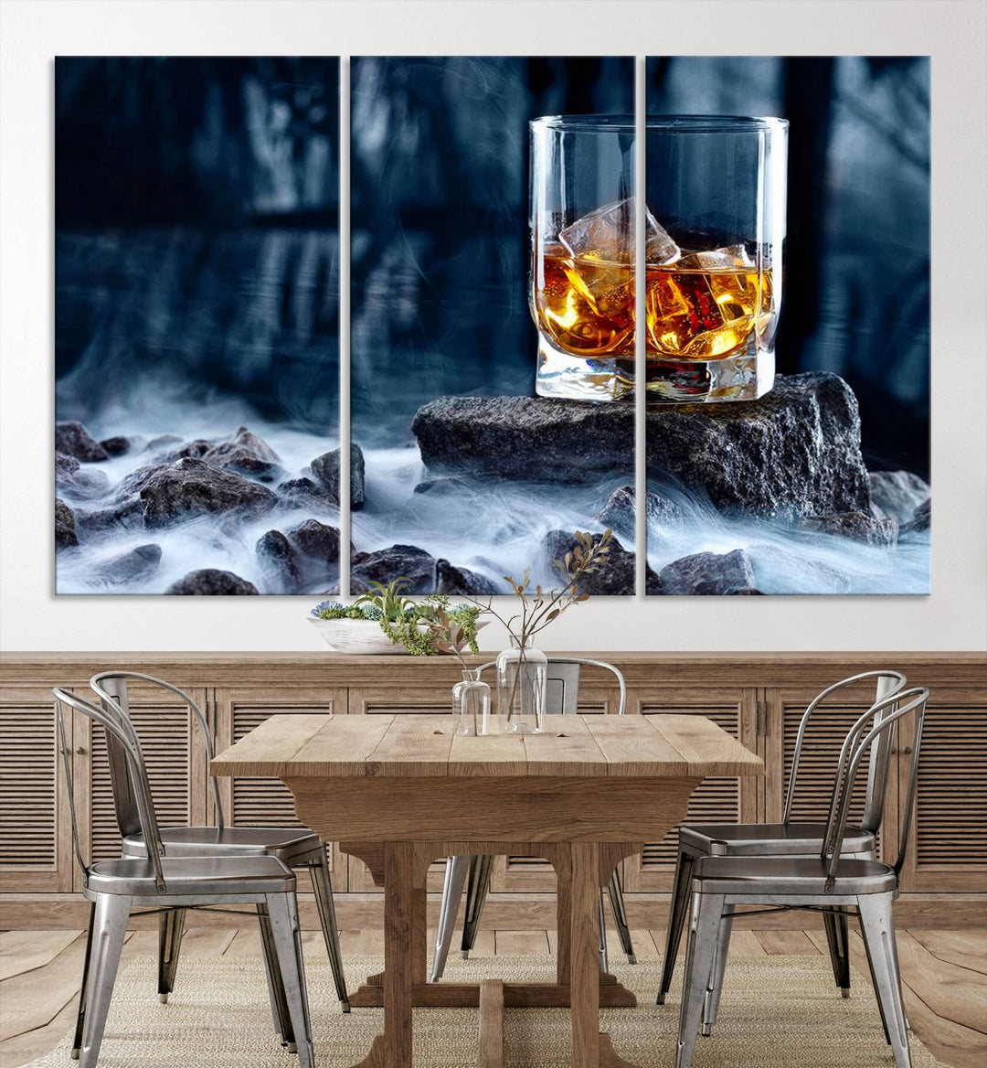 The Whiskey Ice Wall Art Canvas Print, a triptych featuring a glass of whiskey on the rocks, is crafted with a gallery-quality finish on premium canvas.