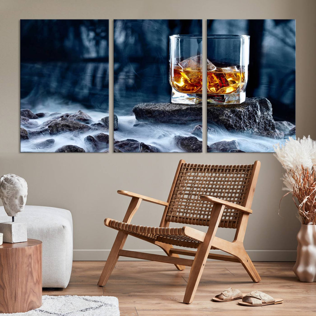 The Whiskey Ice Wall Art Canvas Print, a triptych featuring a glass of whiskey on the rocks, is crafted with a gallery-quality finish on premium canvas.