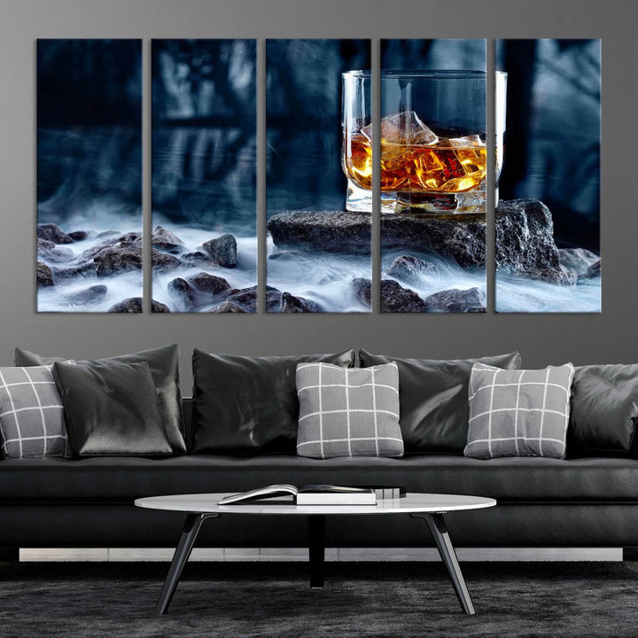 The Whiskey Ice Wall Art Canvas Print, a triptych featuring a glass of whiskey on the rocks, is crafted with a gallery-quality finish on premium canvas.