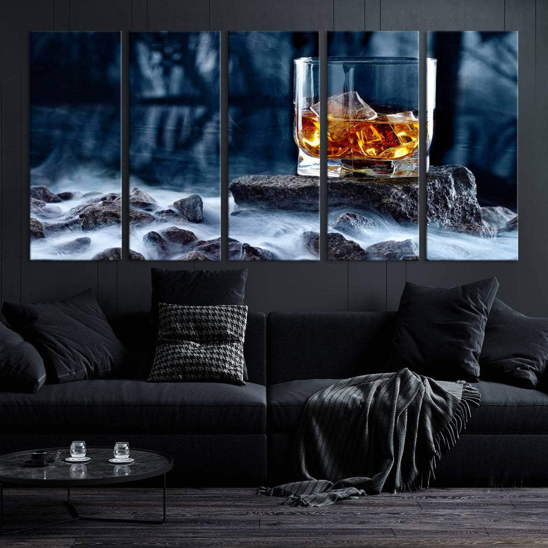 The Whiskey Ice Wall Art Canvas Print, a triptych featuring a glass of whiskey on the rocks, is crafted with a gallery-quality finish on premium canvas.