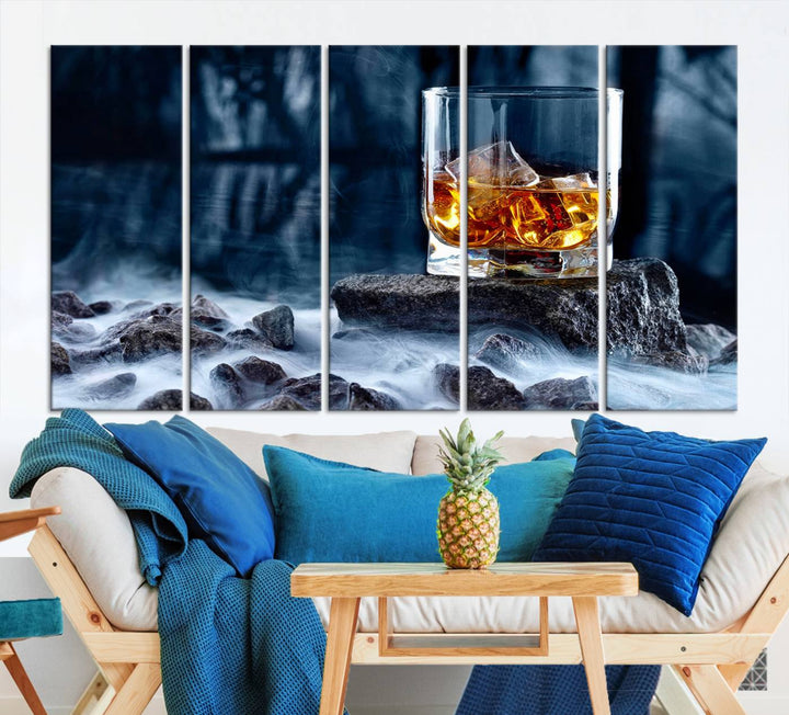 The Whiskey Ice Wall Art Canvas Print, a triptych featuring a glass of whiskey on the rocks, is crafted with a gallery-quality finish on premium canvas.